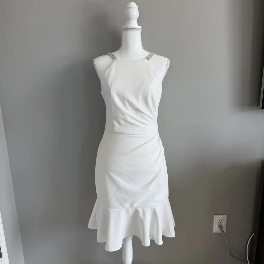 Betsy & Adam Woman’s Sz 6 White Mermaid Dress Silver Beaded Straps Cinched Waist